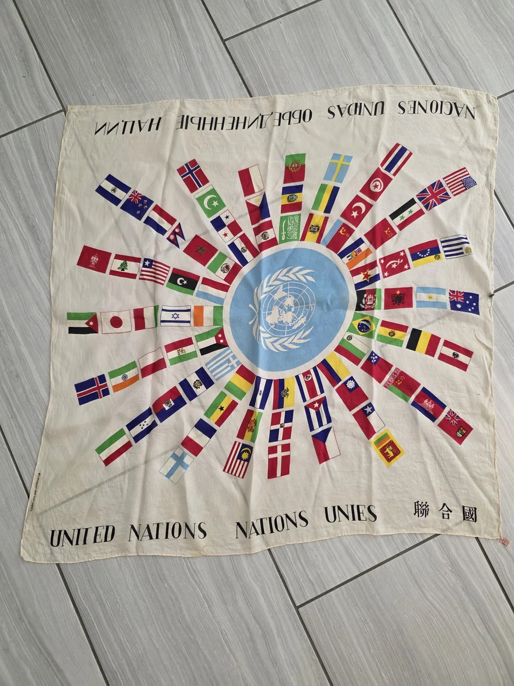 Flag Motif Vintage Silk Scarf in Cream with Multicolor Flags